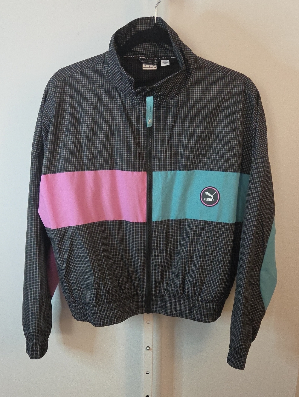 Puma Grid Print Colorblock Windbreaker Jacket Pink Teal Turquoise Large Retro 90